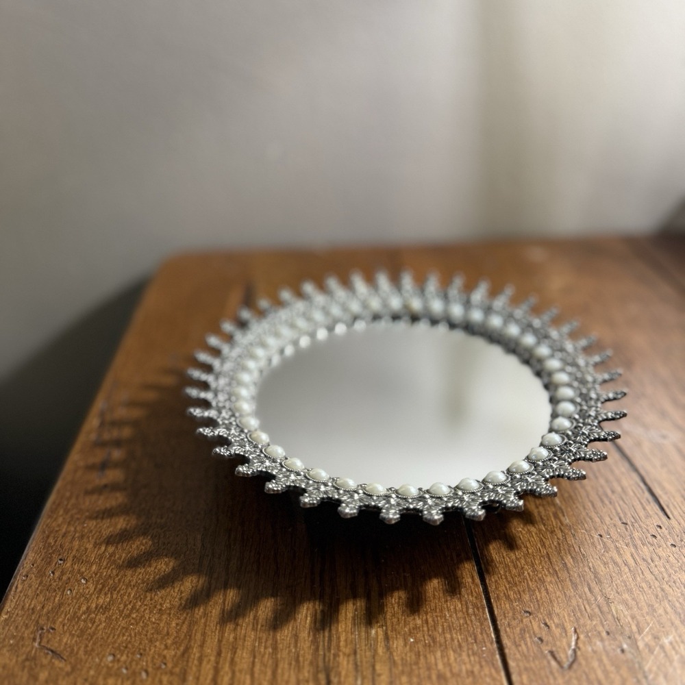 Pier 1 Silver Glass Mirror Trinket Tray Platter Pearl Elegant